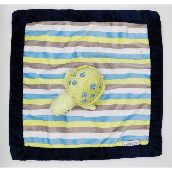 Carter's Turtle Green Blue White Gray Striped Plush Security Blanket Lovey 14" - Picture 2 of 5